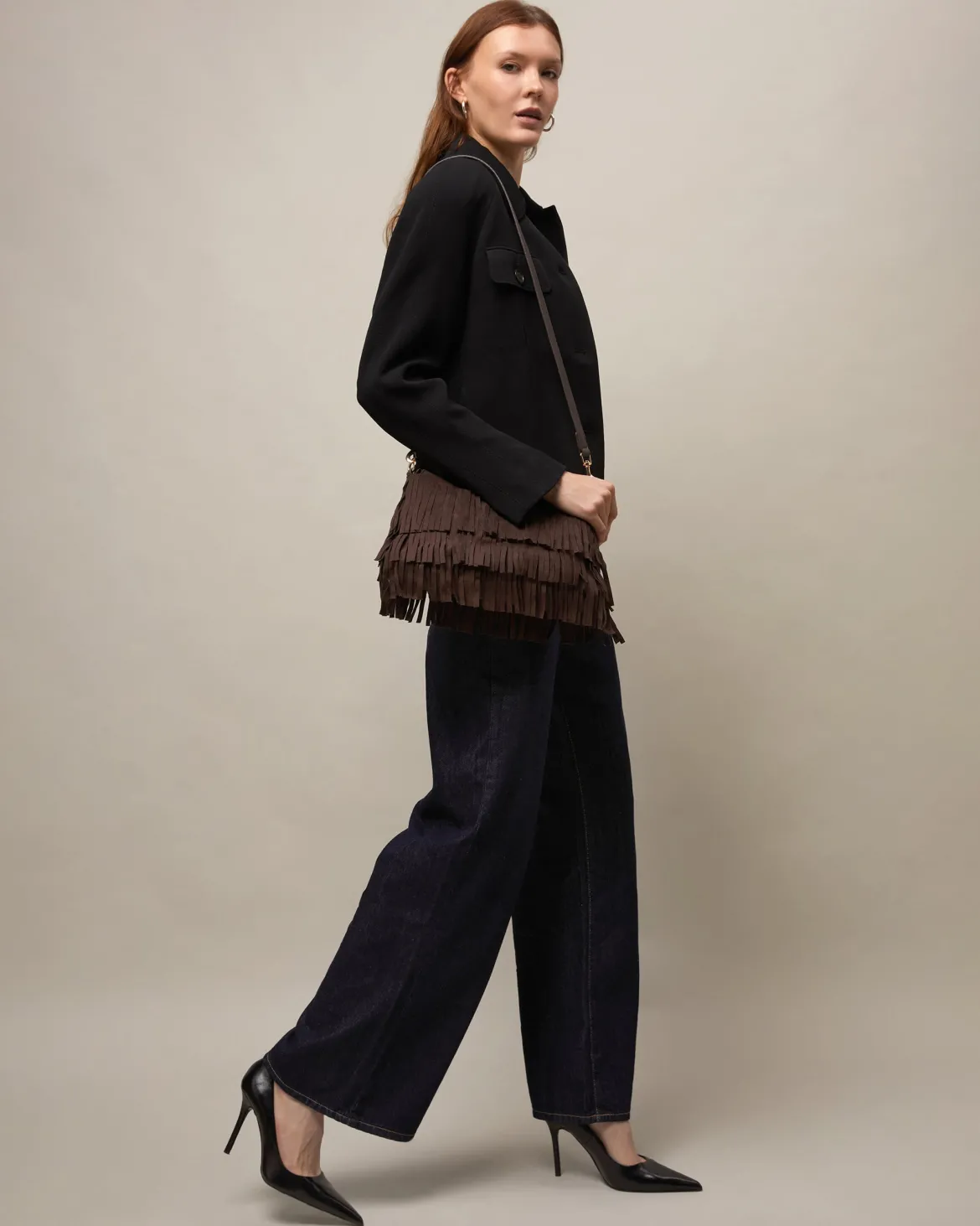 Bolso bandolera pequeño efecto ante con flecos