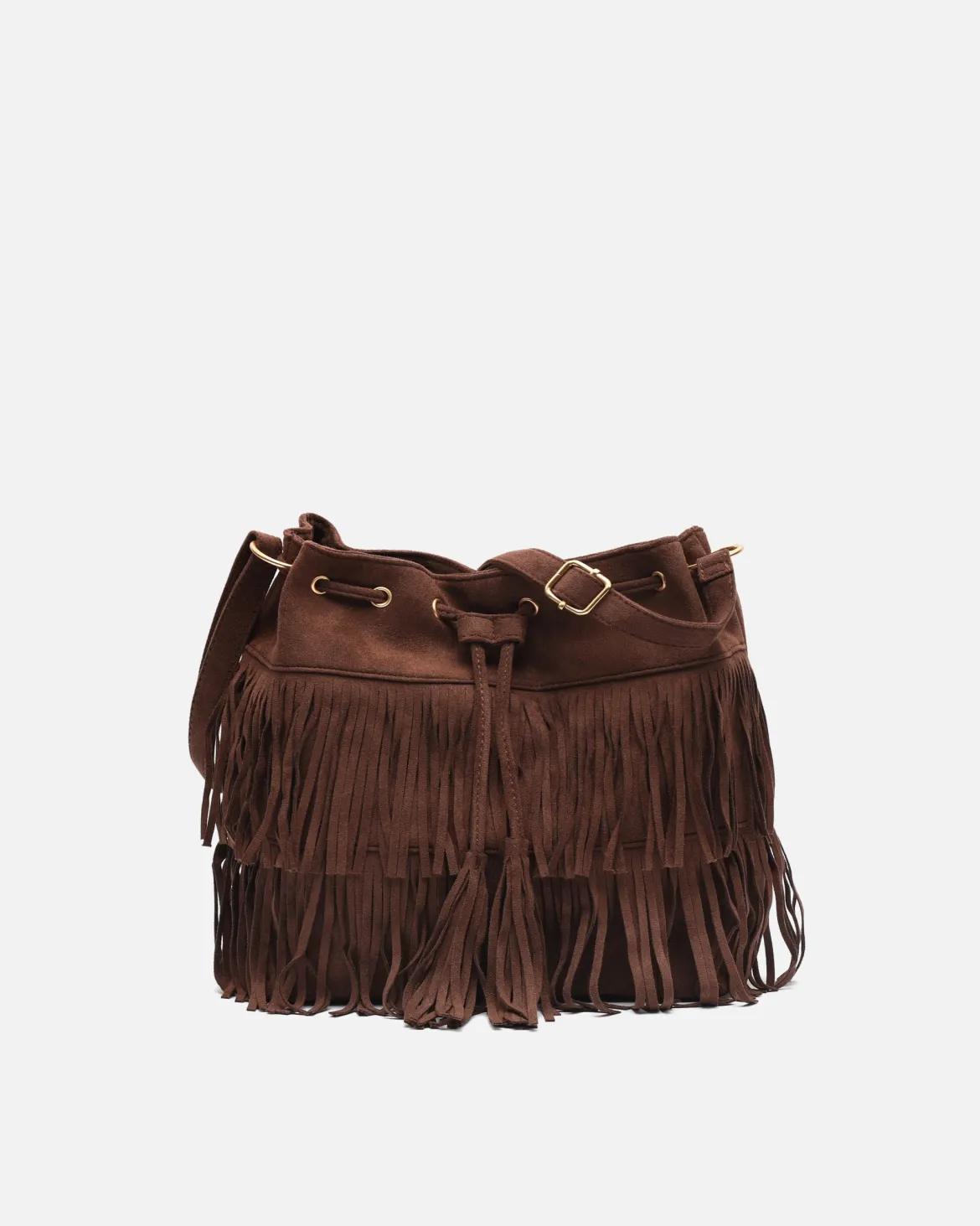 Bolso bucket efecto ante con flecos