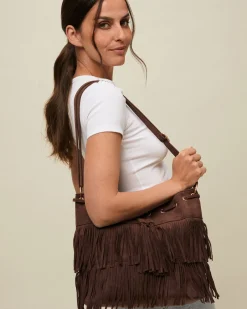 Bolso bucket efecto ante con flecos