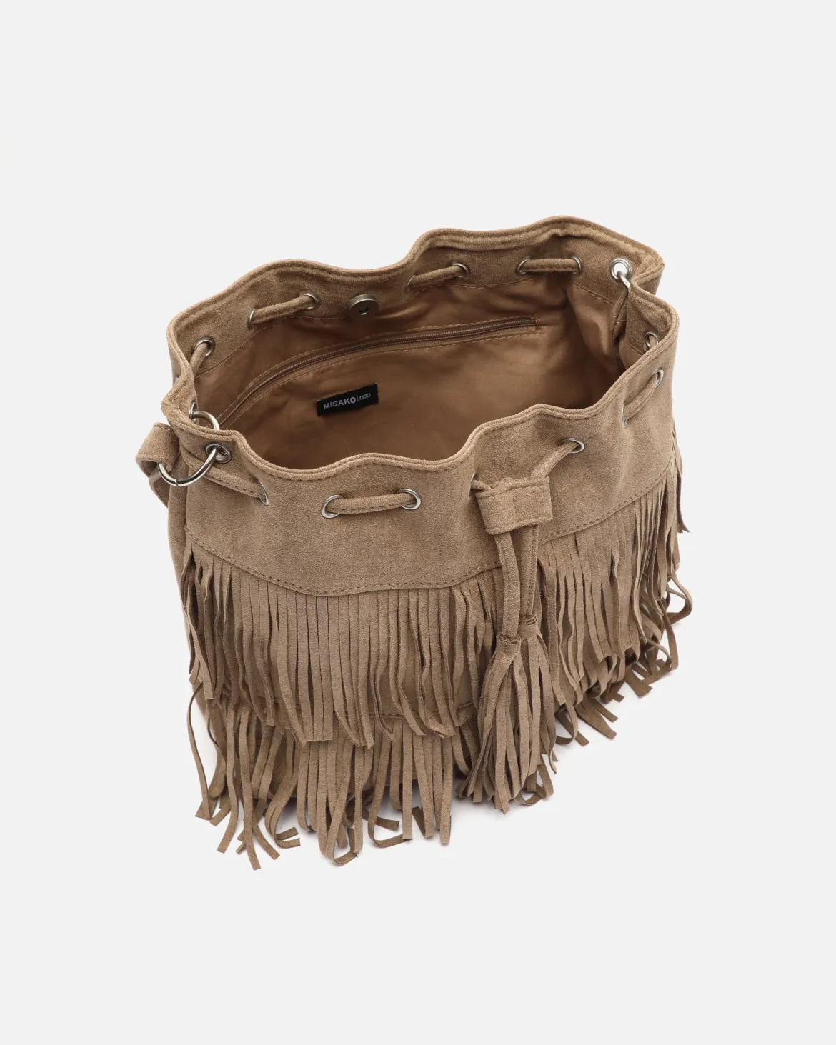 Bolso bucket efecto ante con flecos