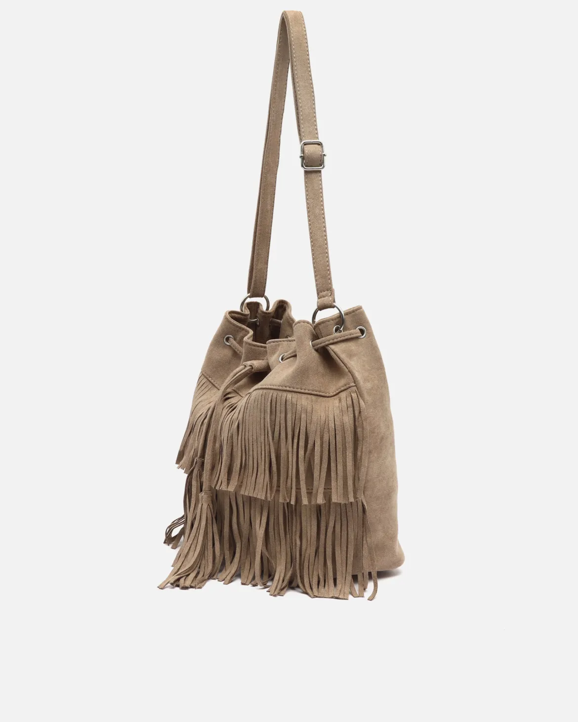 Bolso bucket efecto ante con flecos