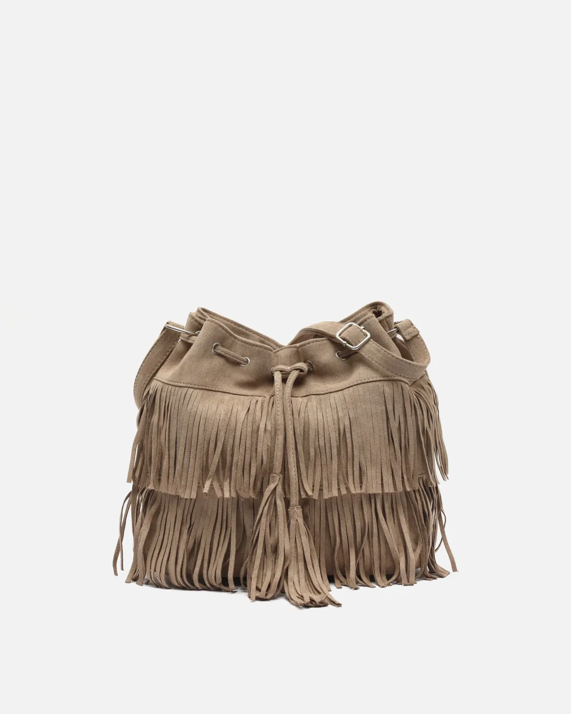 Bolso bucket efecto ante con flecos