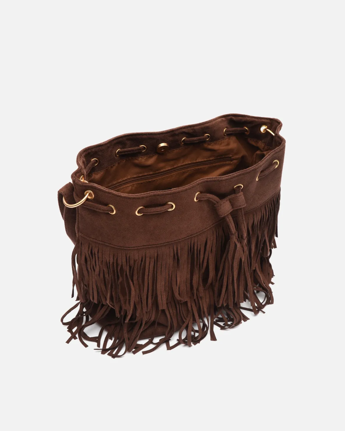 Bolso bucket efecto ante con flecos