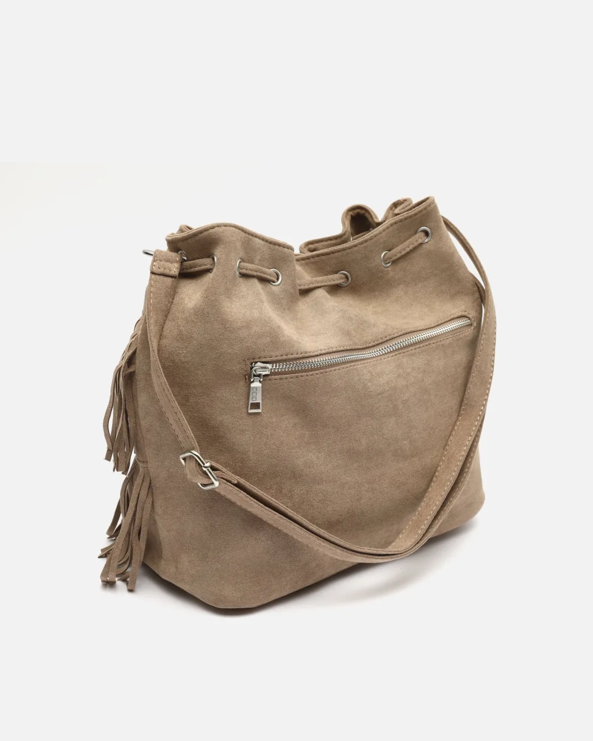Bolso bucket efecto ante con flecos