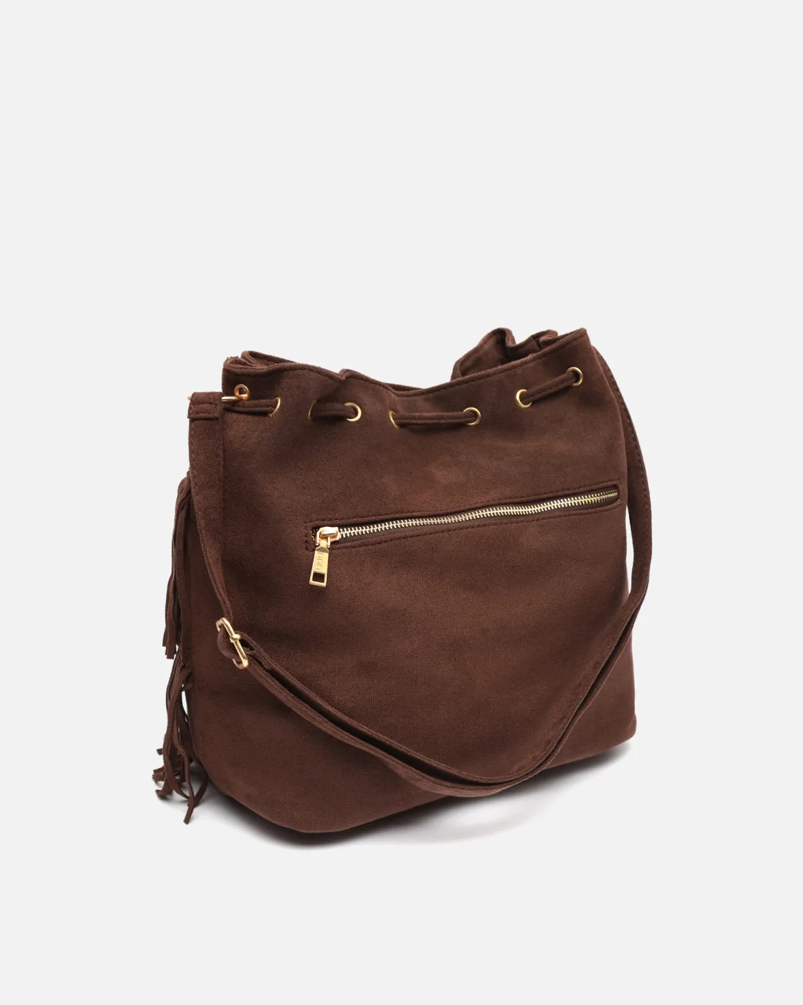 Bolso bucket efecto ante con flecos