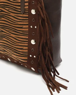 Bolso shopper grande animal print con detalles metálicos y flecos