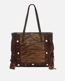 Bolso shopper grande animal print con detalles metálicos y flecos